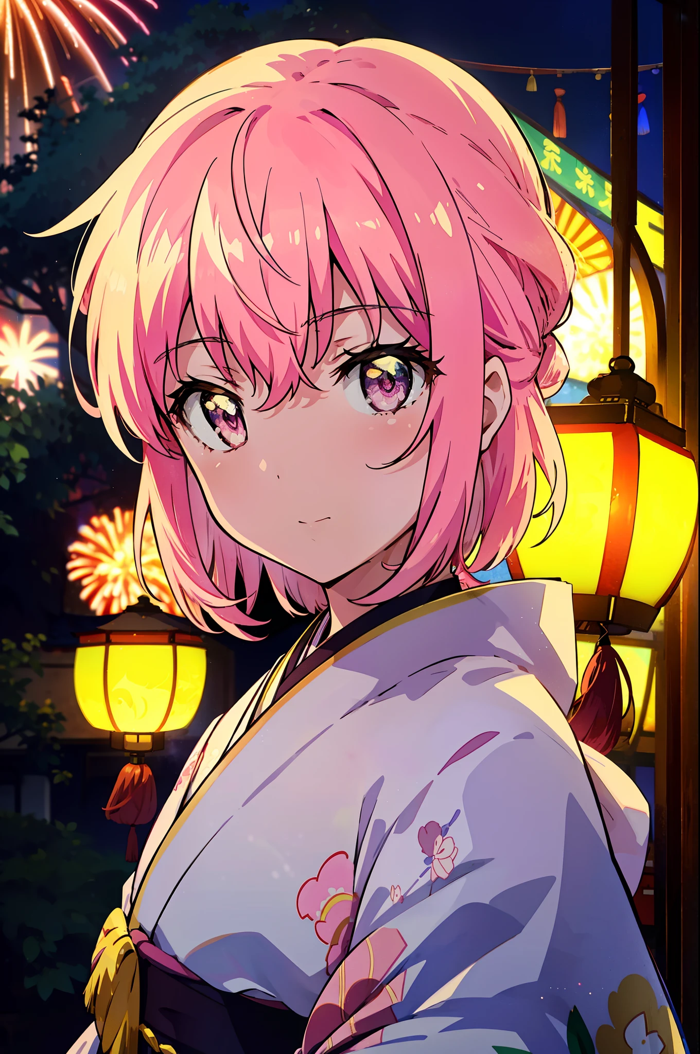 Louise Françoise Le Brun from La V全てiere,Pink Hair,Pink Eyes,White Kimono,Thick sleeves,日本のfestival,夏festivalの屋台,Red Lantern,night,night空のfirework,firework,場所はfirework大会,時間はnightです,sunny day,turn around,It's as if your whole body is in the illustration.,walking, break looking at viewer, Upper Body, (Cowboy Shot:1. 5),
break outdoors, festival,shrine,
break (masterpiece:1.2), Highest quality, High resolution, unity 8k wallpaper, (shape:0.8), (Beautiful attention to detail:1.6), Highly detailed face, Perfect lighting, Extremely detailed CG, (Perfect hands, Perfect Anatomy),