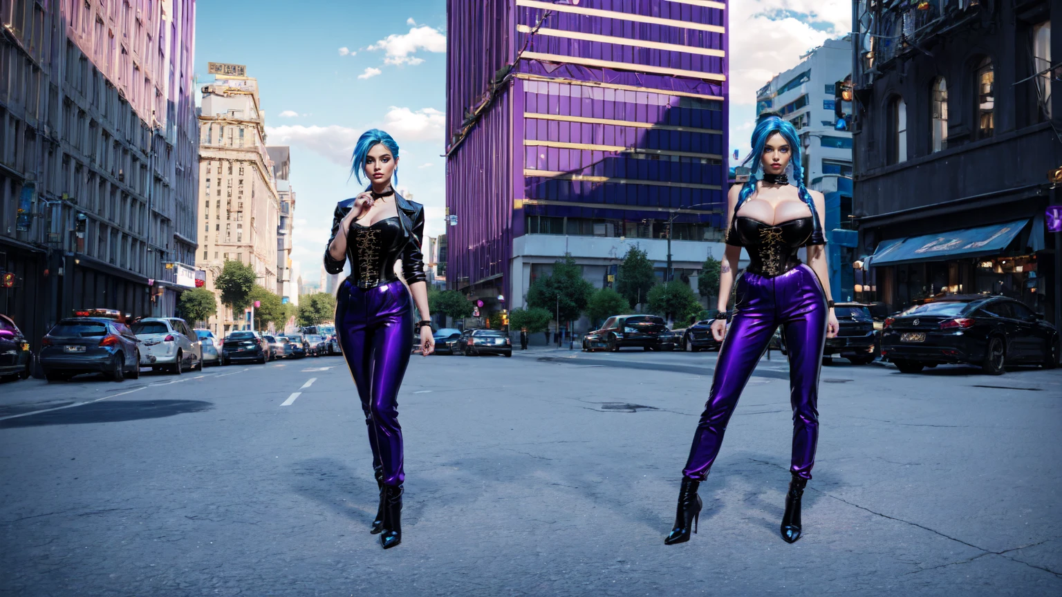 jinx, blue hair,blue long curly ponytail, blue leahter corset, black jacket, big naked breast, purpble tight leahter Trousers, purple belt, black long high heels boots,standing in Skyscraper 