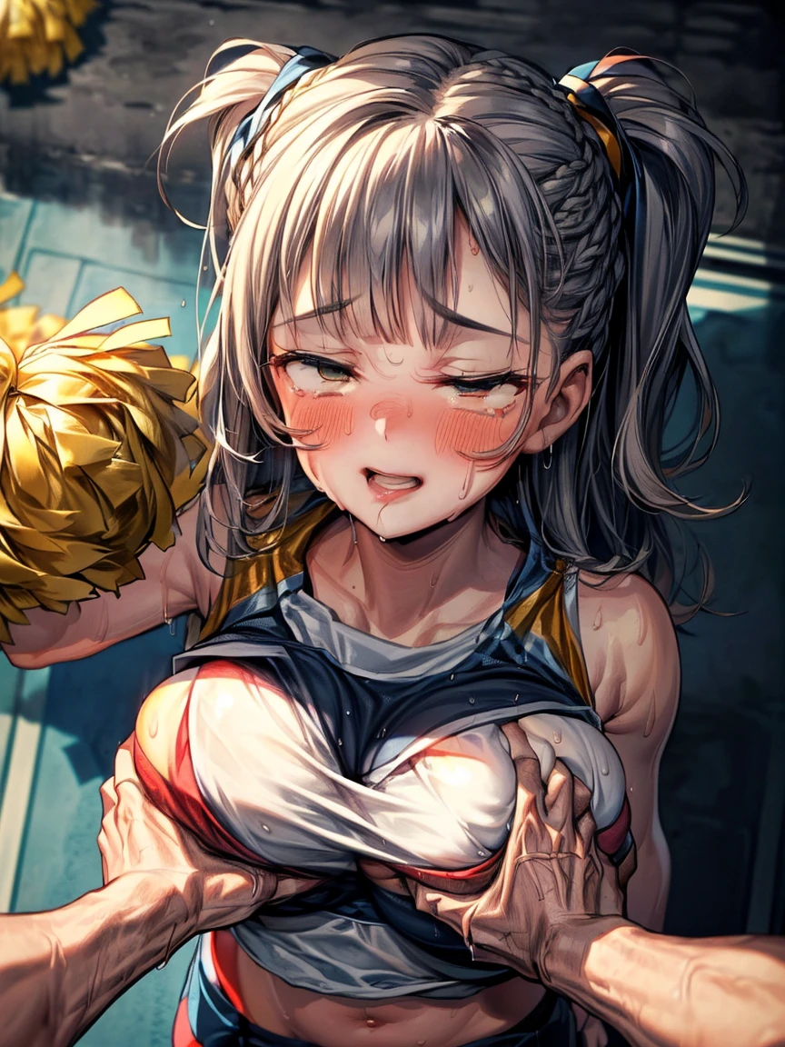 (Very tiny girl rides guy perfectly:1.5)、(Petite girl riding:1.3)、(Big Breasts:2)、(eyes half closed:1.9)、(Grin:1.1)、(tears:1.2)、(The body shakes violently)、8K resolution、 ((Highest quality))、Anatomically correct、(Cheerleader:1.9)、((Hasselblad Photos))、[:(Detailed face:1.2):0.2]、(heavy rain:1.5)、(Sweaty:1.6)、((Top view:1.9))、(braid one's hair:1.5)、(Loss of strength from the body:1.3)、(呻吟)、(Jump:1.6)、(Surrounded by a lot of middle-aged men:1.6)、((Upper Body:1.9))、(Leaning forward:1.6)、(rape:1.3)、(shame:1.3)、(Groping the chest:1.6)、(Short bangs:1.3)、(kiss:1.9)、(Fat man:1.6)