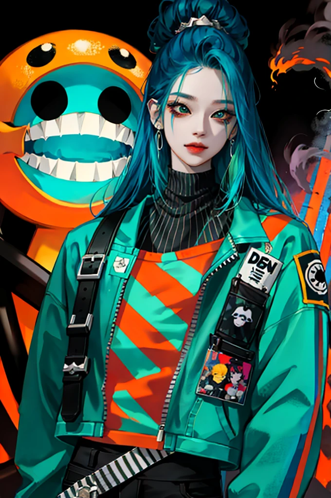 kpop girl with rizz smile face, bad ass, black,neon cyan orange hair, tattoos on hands and neck, piercing, black mixed green striped sweater, cool badass pose, smoke background, colorful smoke background