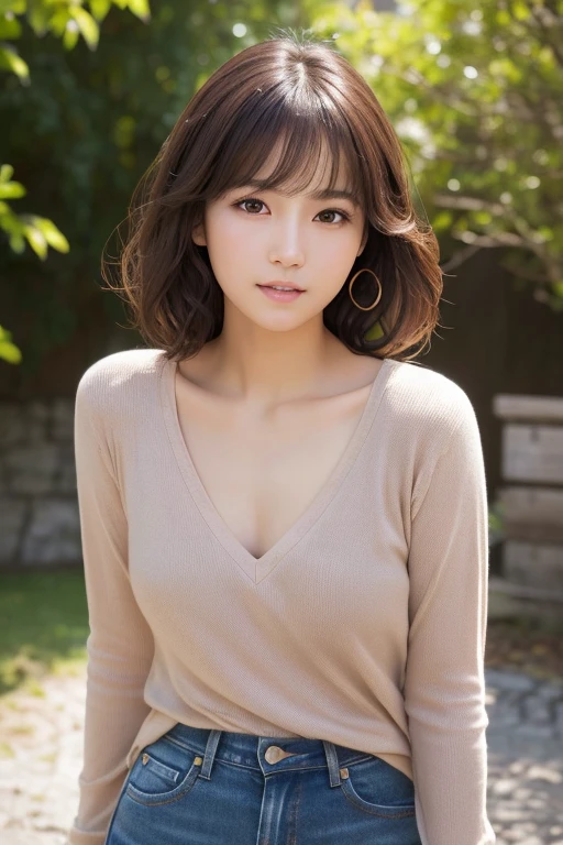 Highest quality, Face Focus, Soft Light, Ultra-high resolution, (Realistic:1.4), RAW Photos, 1 Japanese girl, alone, cute, (A shy smile:0.5), (Brown eyes, Light in your eyes), Beautiful face in every detail, (Small box),(High resolution detail of human skin texture), (Medium One Curl), V-neck cache-coeur、Tight jeans、E Cup