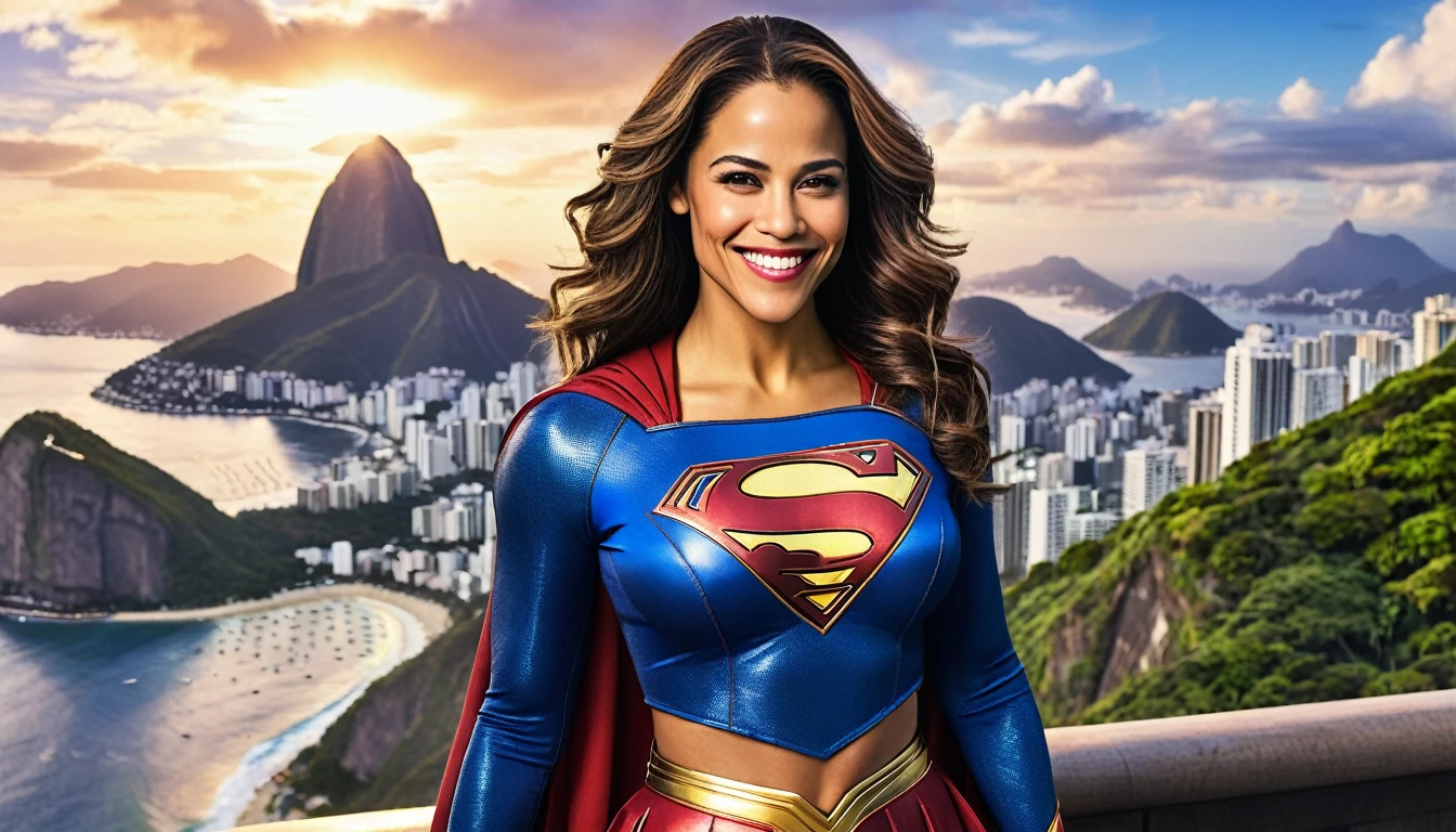 (((Rio de Janeiro City sky))); MARVEL CINEMATIC UNIVERSE, Marvel, DC, Paula Patton (((discreet smile; Beautiful and powerful))) in 1984 Supergirl movie costume, epic background, upper body, badass look, photo (Masterpiece) (Best quality) (detail) (8K) (HD) (Wallpaper) (Cinematic lighting) (Sharp Focus) (Intricate)