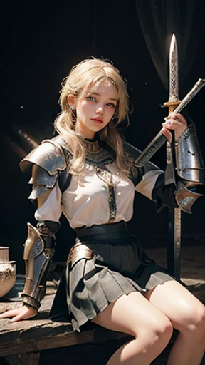 Bright expression、Pony Talk、young, Sparkling, White and glowing skin、Best Look、Blonde reflection、Platinum blonde hair with dazzling highlights、Shiny bright hair,、Super long silk straight hair、Shiny beautiful bangs、Sparkling, clear, attractive big blue eyes、so beautiful, Dashing, Cute 16 year old girl、Ample breasts,Beautiful attention to detail, Beautifully detailed nose,(( whole body:1.25)),Makeup emphasizes the eyes、((Pleated skirt:1.3)),(A woman like Joan of Arc:1.3)、(armor:1.3)、knighthood, (Equipped with sword and shield:1.2),Royal Style,Comic book style, , Scattered beneath the surface, Stunning details, Natural background, Surreal, movie, Dramatic lighting, Tabletop、(ornamental armor)、(Wear an aura:1.5)、Circlet、((Princess Night))、Frilled,(Sitting down showing off her silver high leg pants、There is a mansuji)