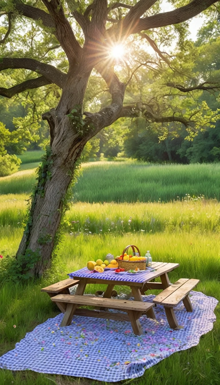 Imagine a serene summer scene:
A sun-drenched meadow stretches out under a clear, azure sky, dotted with fluffy white clouds. Wildflowers in vibrant hues of yellow, pink, and purple sway gently in the warm breeze. A sparkling, crystal-clear stream winds through the meadow, its surface shimmering in the sunlight. Tall, lush green trees provide dappled shade, casting intricate patterns on the ground. A wooden picnic table is set up under the shade of an old oak tree, adorned with a gingham tablecloth and a basket filled with fresh fruits and flowers. Nearby, a hammock is tied between two trees, invitingly swaying. Butterflies flit about, and birds can be seen soaring high above. In the distance, rolling hills are bathed in golden light, completing the idyllic summer landscape.