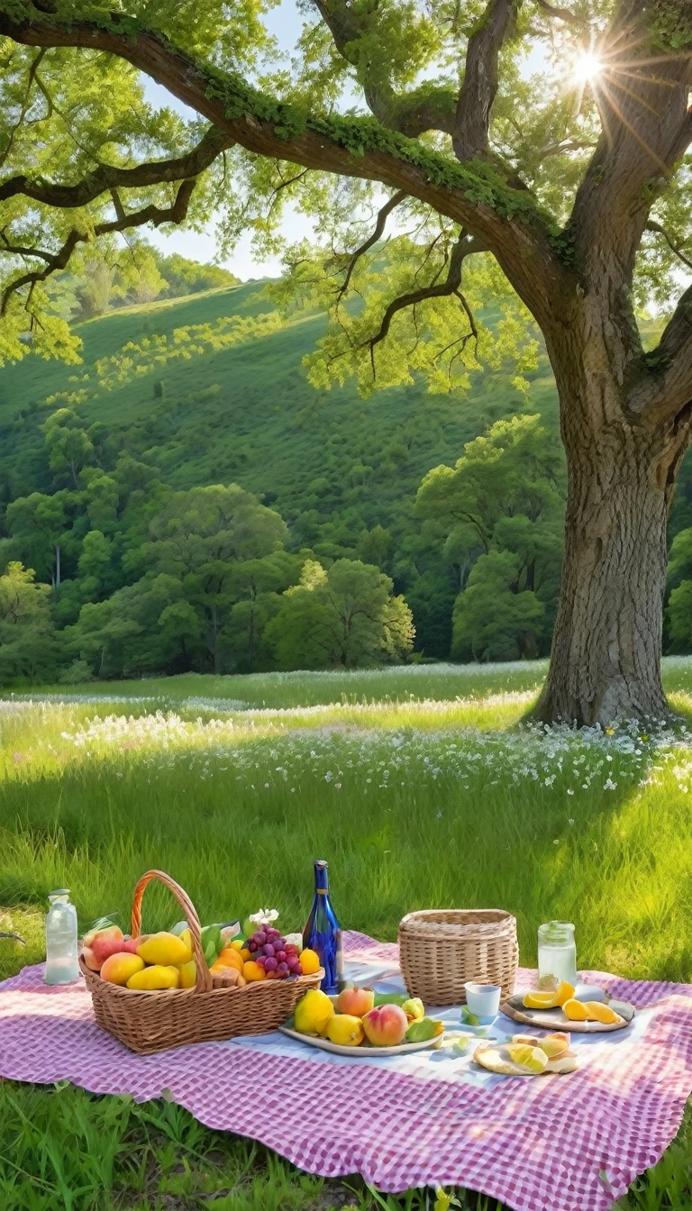 Imagine a serene summer scene:
A sun-drenched meadow stretches out under a clear, azure sky, dotted with fluffy white clouds. Wildflowers in vibrant hues of yellow, pink, and purple sway gently in the warm breeze. A sparkling, crystal-clear stream winds through the meadow, its surface shimmering in the sunlight. Tall, lush green trees provide dappled shade, casting intricate patterns on the ground. A wooden picnic table is set up under the shade of an old oak tree, adorned with a gingham tablecloth and a basket filled with fresh fruits and flowers. Nearby, a hammock is tied between two trees, invitingly swaying. Butterflies flit about, and birds can be seen soaring high above. In the distance, rolling hills are bathed in golden light, completing the idyllic summer landscape.
