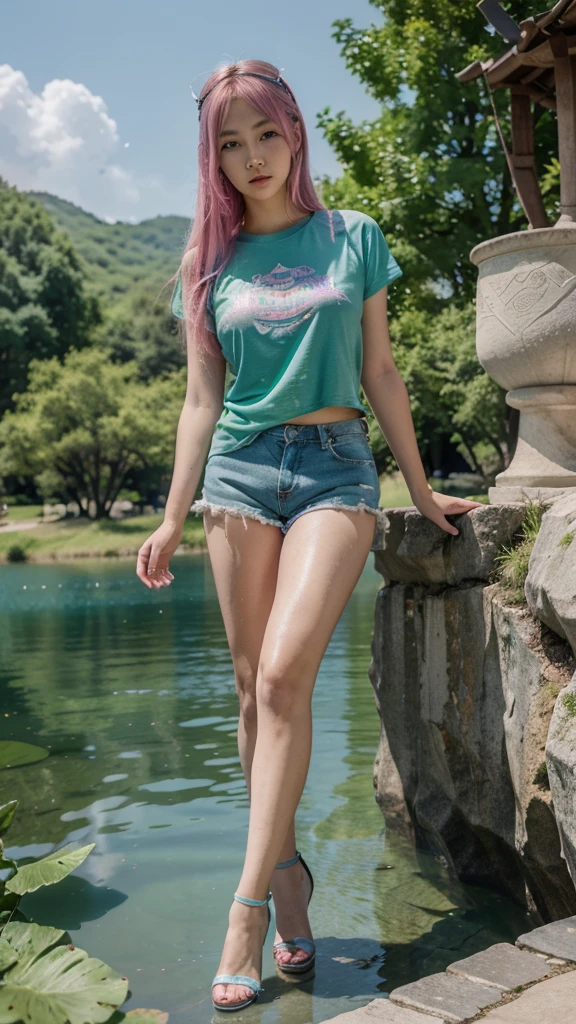 High quality, 8k, masterpiece
Girl from korea, 23 year old, long green hair, dull hair, pink accessories, sparkle eye, eye catching, blue t shirt, hot pants, with sandals, background lake, the water is cristal clear, refracted lights, the corner of the mouth are upturned, hd quality wallpaper, 3D renderingof, realistik photoshoot