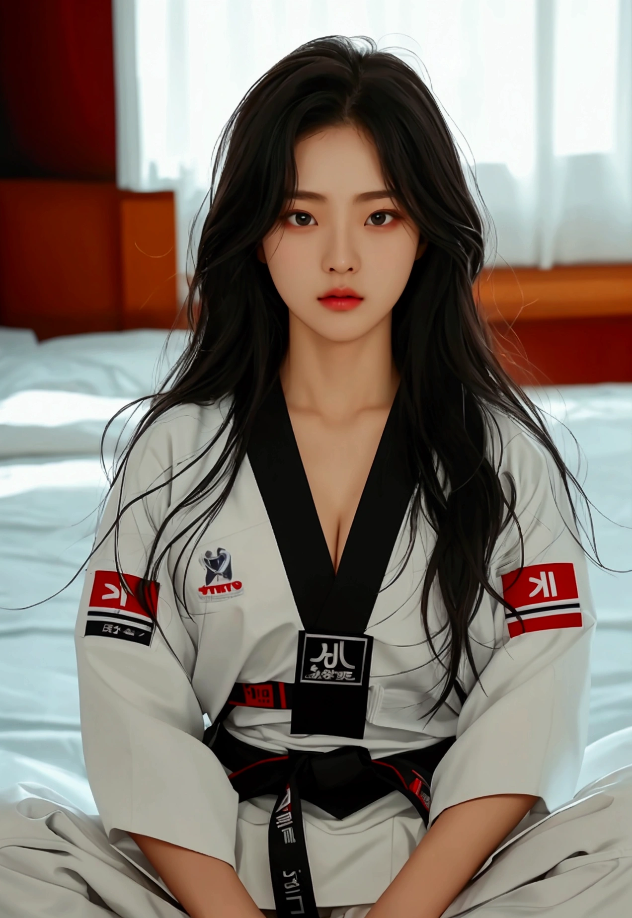 masterpiece, ultra details, best quality, 1 korean taekwondo girl, masterpiece, ultra details, best quality, black long straight hair, wearing white World Taekwondo Federation dobok uniform with black v-neck, wearing taekwondo blackbelt, wearing white martial arts pants without pockets, large sweaty butt, large breasts, laying on hotel bed showing butt, sweat on face