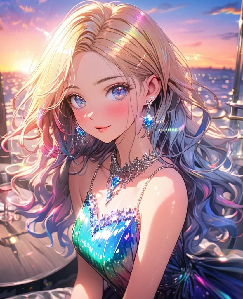 8K,gal,an extremely delicate and beautiful,Beautiful and realistic skin,Shiny jewel-like earrings,Long colorful hair,beautiful eyes,shine like glitter dress,drink wine,beautiful sunset