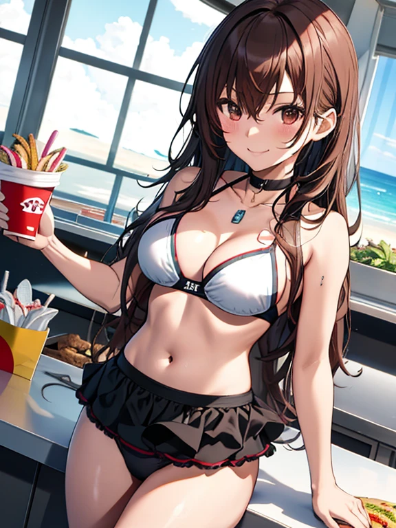 Beach House, Swimwear, counter, Smile, Fast food clerk, Fast Food Worker, Misaka Mikoto, 1girl, black choker, uhd, retina, masterpiece, ccurate, anatomically correct, textured skin, super detail, high details, high quality, best quality, highres, 4K