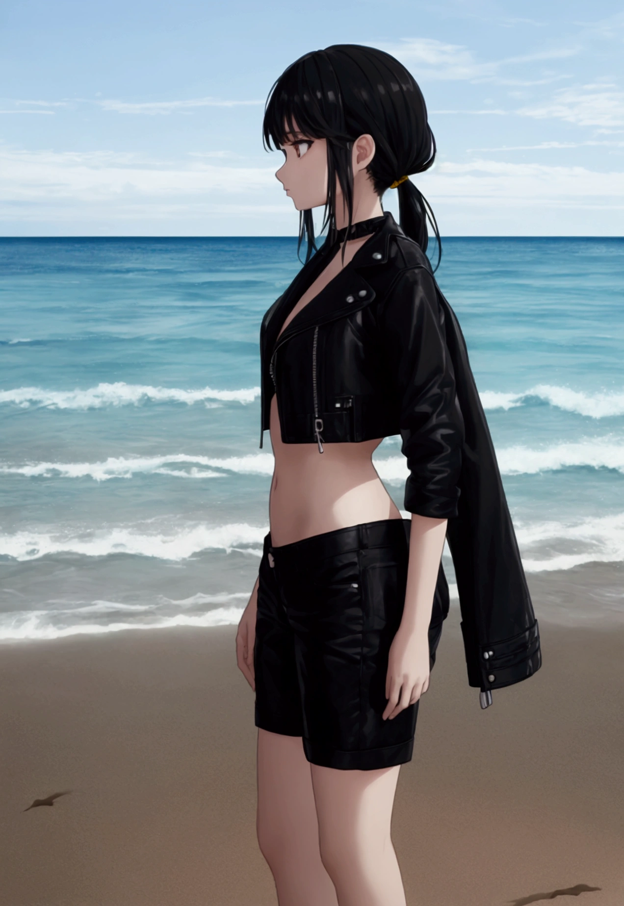 ultra-detailed, highly detailed,nbest quality, masterpiece, illustration, 
A young individual with long, black hair stands on a sandy beach with the ocean in the background. They are wearing a black leather jacket with yellow accents, a black crop top, and blue denim shorts. An umbrella and some stone structures are partially visible behind them. The weather appears sunny and clear.