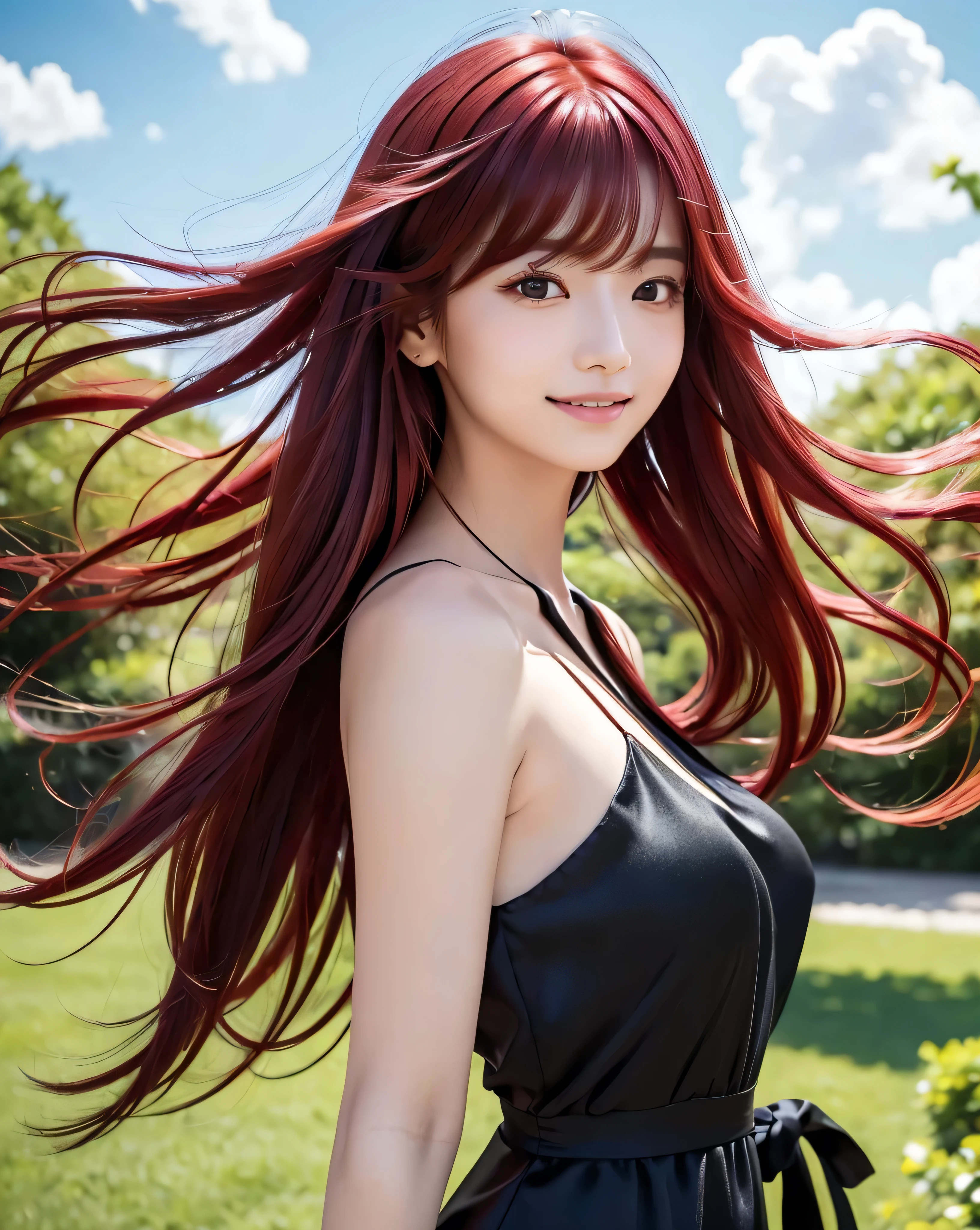 (Highest quality, 32k, High resolution, Masterpiece:1.5, ), marimo_jet, god々A photograph with brilliant dazzling and healing power., Evoking a sense of calm and elusive beauty, Expressing emotions, Have a rich imagination, Beautiful Japanese Girls, An exceptionally beautiful face, Small Face Beauty, Perfect Human Anatomy, Magical big eyes, Motherhood and generosity, Deep Love, fleeting smile, ((Shiny crimson hair:1.4)), Super long straight silk hair swaying in the wind, Asymmetrical bangs, Hair between the eyes, Transparent, soft white skin, Sharp eyebrows, Thin lashes, Natural Makeup, Cheek highlighter, Lips with fine detail, (Black dress:1.5), High resolution perfect collarbone, High resolution beautiful bust, Slim figure with ample breasts, High resolutionの美しい太もも, ((Beautifully detailed skies:1.2)), ((Vibrant petal effect:1.2)), Professional photographer, Professional Lighting, Professional models, God's Secret