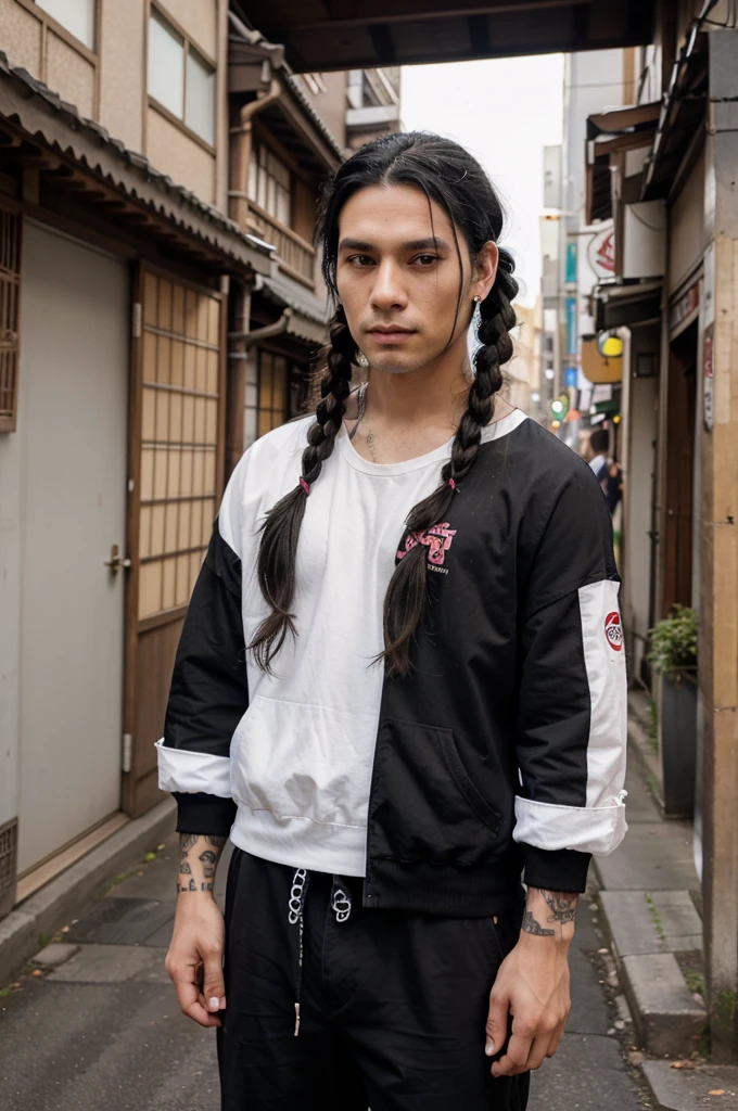 Handsome man, long black hair in pigtails, piercings, wearing Japanese street clothes