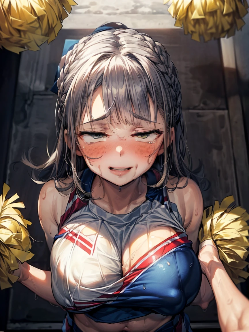 (Very tiny girl rides guy perfectly:1.5)、(Petite girl riding:1.3)、(Big Breasts:2)、(eyes half closed:1.9)、(Grin:1.1)、(tears:1.2)、(The body shakes violently)、8K resolution、 ((Highest quality))、Anatomically correct、(Cheerleader:1.9)、((Hasselblad Photos))、[:(Detailed face:1.2):0.2]、(heavy rain:1.5)、(Sweaty:1.6)、((Top view:1.9))、(braid one's hair:1.5)、(Loss of strength from the body:1.3)、(呻吟)、(Jump:1.6)、(Surrounded by a lot of middle-aged men:1.6)、((Upper Body:1.9))、(Leaning forward:1.6)、(rape:1.3)、(shame:1.3)、(Groping the chest:1.6)、(Short bangs:1.3)、(kiss:1.9)、(デブ男とkiss:1.6)