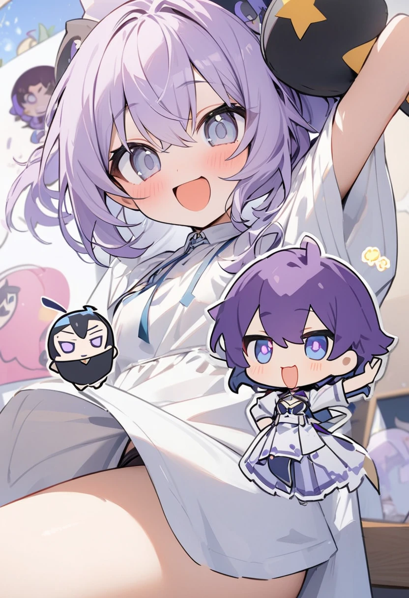 (masterpiece, Highest quality), One Man「The background is set to be painted in white.、Draw a chibi-style anime character with purple hair and silver eyes dancing。The character's hair is fluffy and voluminous.、The style has bangs that hang lightly over the face、Her hair color is a gradation from dark purple to light purple.。The eyes are big and sparkling,、It is also purple。 The character wears a long coat with a purple and black design.、The hem of the coat is wide、It is drawn to flow with the movement.。The inside of the coat is bright pink.。The character's innerwear is dark purple.、Fine details are given。The belt and buttons are accented in black.。 The pose is dynamic、Spread your right hand wide、The left hand is slightly bent as if for balance.。The left foot is raised slightly to emphasize the dancing movement.。On his feet he wears black boots、Please draw in detail。 The character's facial expression is a confident smile、Please express the atmosphere of people dancing happily.。The overall art style is vibrant and colorful.、A cartoon style with enhanced contrast。Please draw the character's movements and expressions so that they seem lively.。」