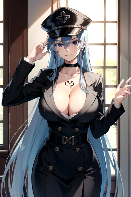 Esdeath, tall body, tall, long legs, mature female, mature, adult, simple background, indoors, 1girl, breasts, blue eyes, blue hair, long hair, black hat, solo, black uniform, cleavage, black military uniform, large breasts, military, tattoo, very long hair, black peaked cap, smile, chest tattoo, choker, belt, hair between eyes, looking at viewer