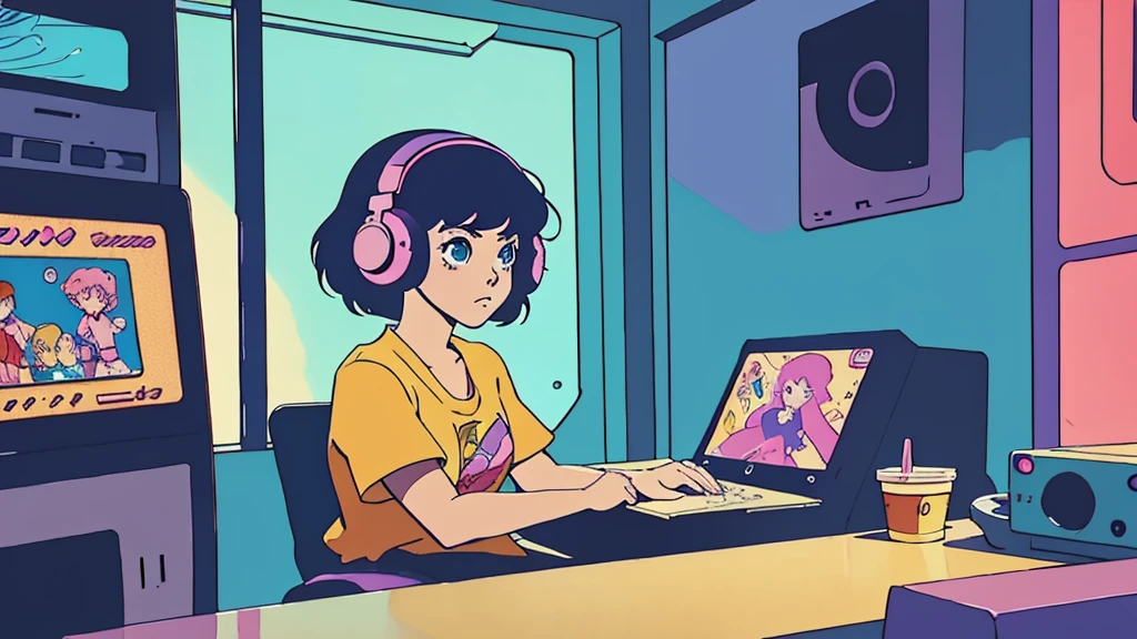 anime character sitting at a computer with headphones on, point-and-click adventure game, lofi artstyle, in the art style of 8 0 s anime, 8 0 s anime vibe, lofi hip hop, lofi art, video game cutscene, video game screenshot>, lofi girl, loish art style, anime movie screenshot, chillhop