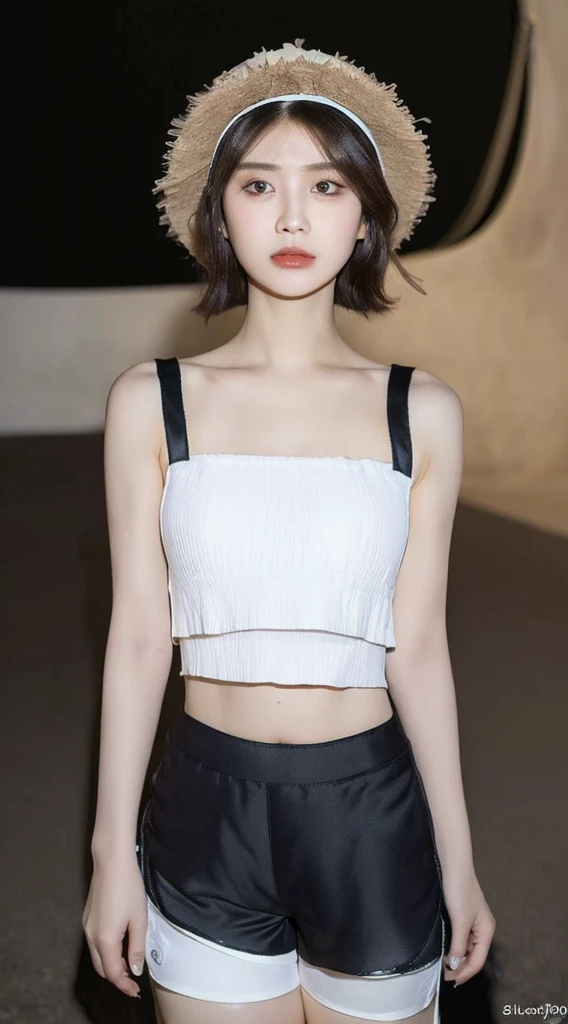 ((best quality, 8K, Masterpiece: 1.3)), (flower hat: 1.3), Point of interest: 1.2, perfect body beauty: 1.4, bottom: 1.2, (Layered haircut: 1.2)), (dark road: 1.3), Highly detailed facial and skin textures, full body, delicate eyes, Double eyelids, Whiter skin, long hair, (round face: 1.5), (Loose crop top, shorts: 1.6)