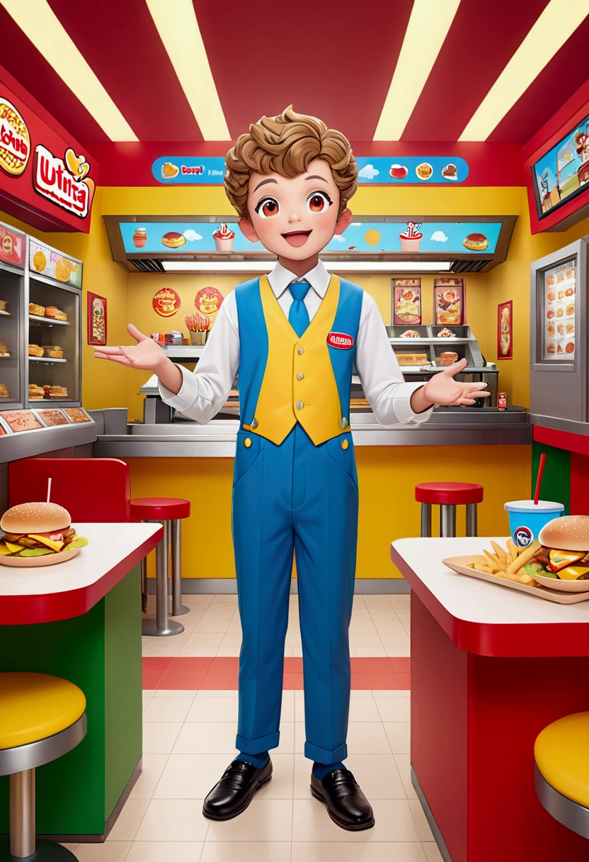 (Fast Food Worker), In the children's play area of a fast food restaurant, a male employee wearing branded doll clothing is playing and interacting with children. His expression is full of humor and vitality, attracting the children's attention. The background is a cheerful play area full of children's elements, full body, (Photography), panoramic view, award-winning, cinematic still, emotional, vignette, dynamic, vivid, (masterpiece, best quality, Professional, perfect composition, very aesthetic, absurdres, ultra-detailed, intricate details:1.3)