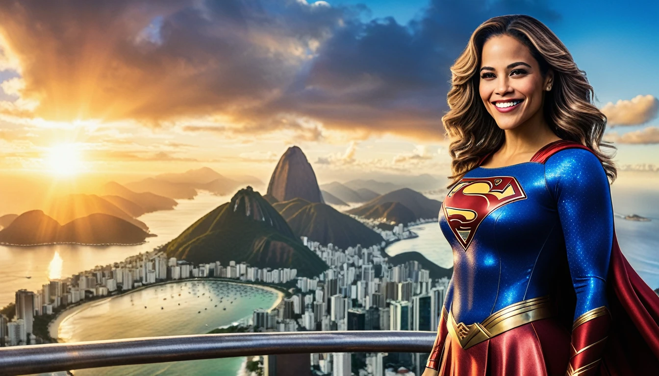 (((Rio de Janeiro City sky))); DC CINEMATIC UNIVERSE, Marvel, DC, Paula Patton (((discreet smile; Beautiful and powerful))) in 1984 Supergirl (((movie))) costume, epic background, upper body, badass look, photo (Masterpiece) (Best quality) (detail) (8K) (HD) (Wallpaper) (Cinematic lighting) (Sharp Focus) (Intricate)