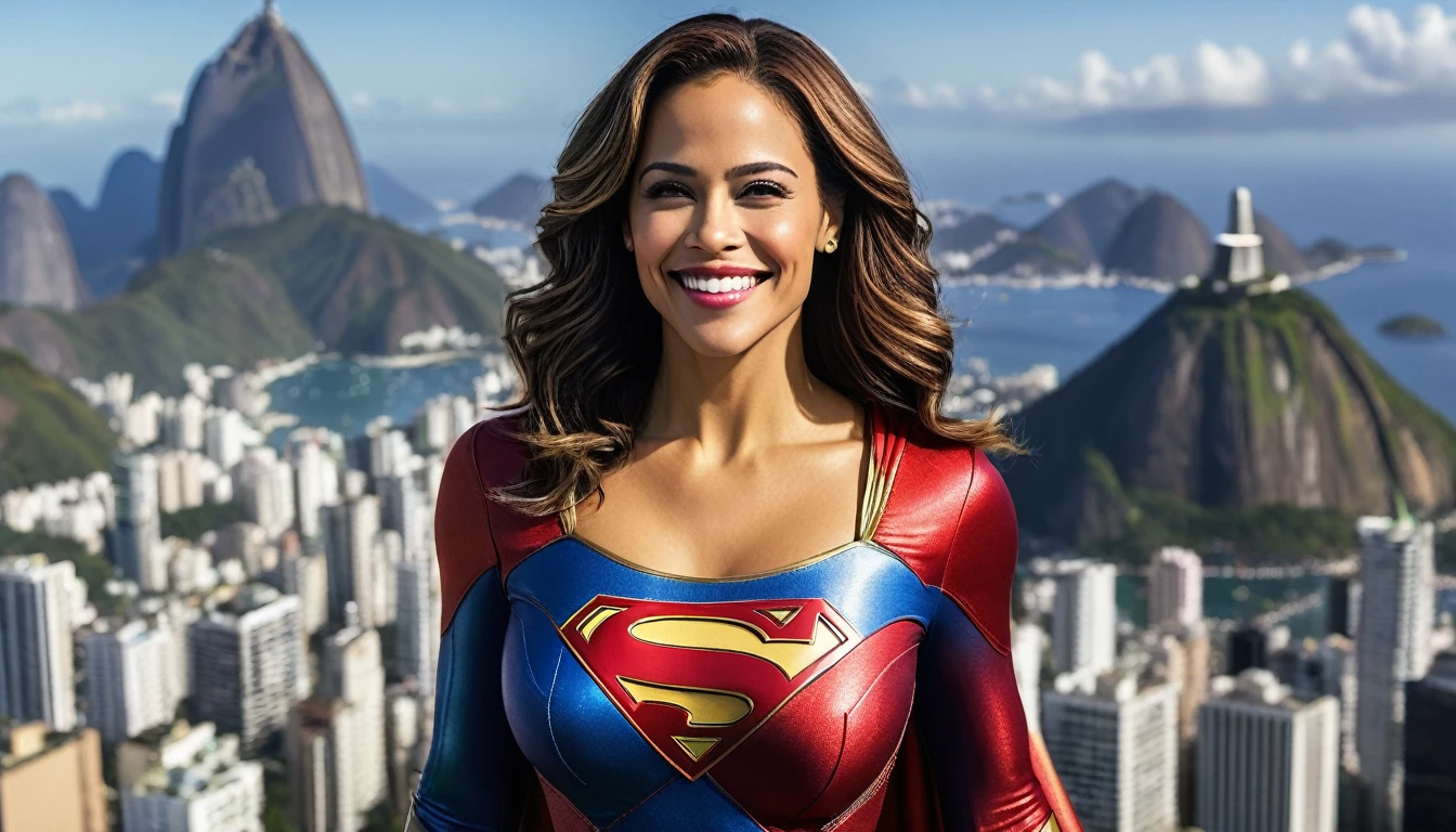 (((Rio de Janeiro City sky))); DC CINEMATIC UNIVERSE, Marvel, DC, Paula Patton (((discreet smile; Beautiful and powerful))) in 1984 Supergirl (((movie))) costume, epic background, upper body, badass look, photo (Masterpiece) (Best quality) (detail) (8K) (HD) (Wallpaper) (Cinematic lighting) (Sharp Focus) (Intricate)