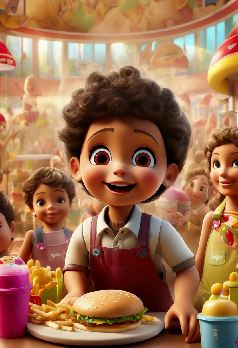 (Fast Food Worker), A fast food clerk is creating various interesting patterns and designs on a burger with lettuce, tomatoes, and sauce, set against the backdrop of a busy fast food restaurant, full body, (Photography), panoramic view, award-winning, cinematic still, emotional, vignette, dynamic, vivid, (masterpiece, best quality, Professional, perfect composition, very aesthetic, absurdres, ultra-detailed, intricate details:1.3)