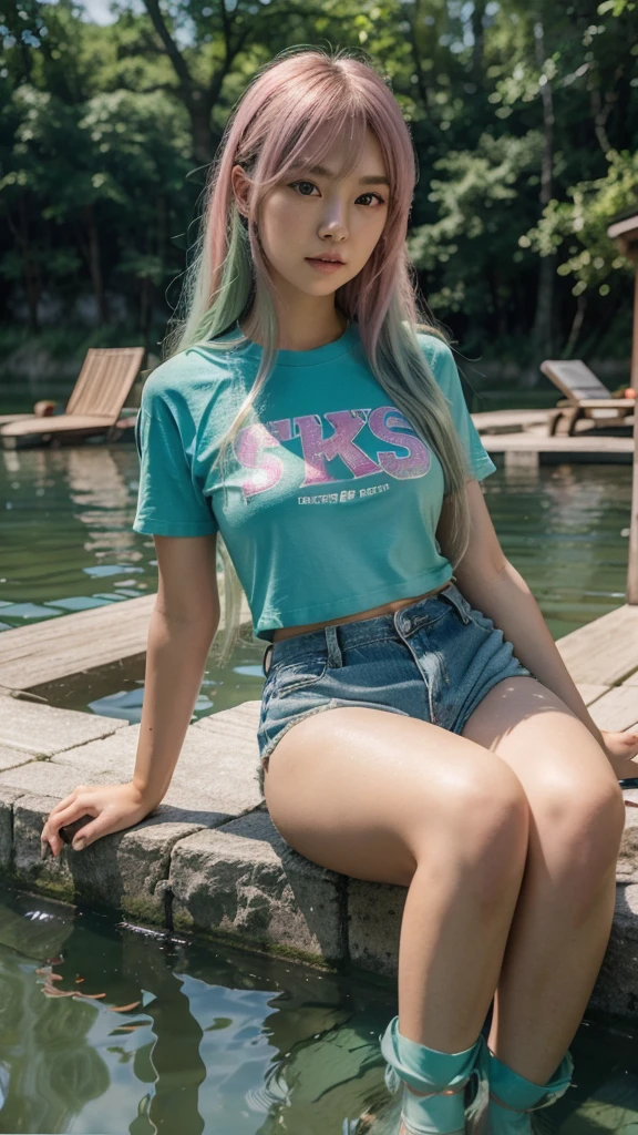 High quality, 8k, masterpiece
Girl from korea, 23 year old, long green hair, dull hair, pink accessories, sparkle eye, eye catching, blue t shirt, hot pants, with sandals, background lake, the water is cristal clear, refracted lights, the corner of the mouth are upturned, hd quality wallpaper, 3D renderingof, realistik photoshoot