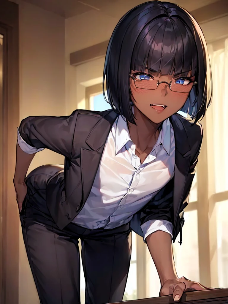 (1 boy:1.5),(dark skin:1.5),(masterpiece:1.2), highest quality, High resolution, unity 8k wallpaper, (fine and beautiful eyes:1.6), highly detailed face, perfect lighting, Detailed CG, (perfect hands, perfect anatomy),20 years old, (black hair:1.3), detailed eyes, best quality, extremely detailed, very precise detailed, (glasses:1.4), , (straight hair:1.5), (evil smile:1.4) ,long sidelocks, (blush:1.3),(very short bob:1.4),(blunt bangs:1.4), (greaming skin:1.3),(bent over:1.4),(flat chest),(business suit),(open mouth),pencil Skirt
