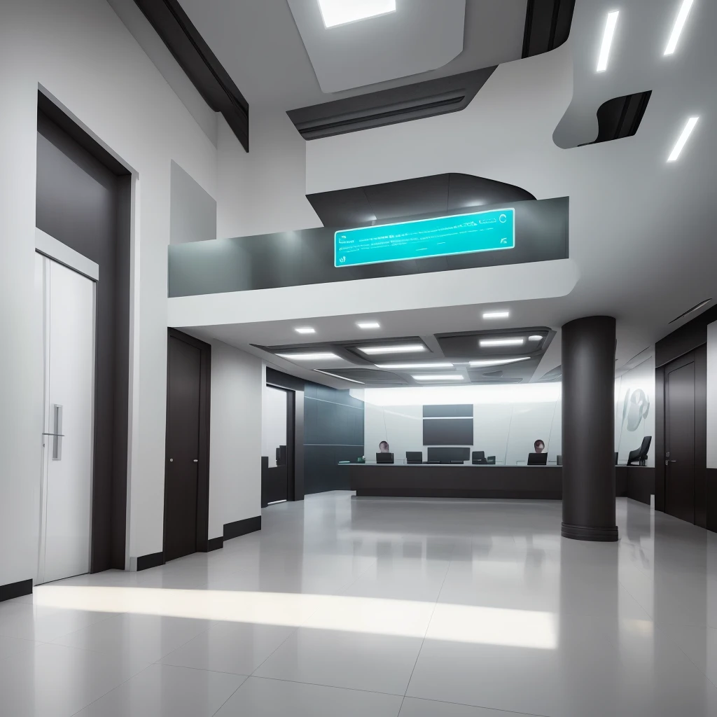 Futuristic white office lobby, front, lobby,