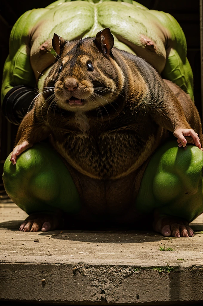 draw a battle between a huge hamster and a hulk