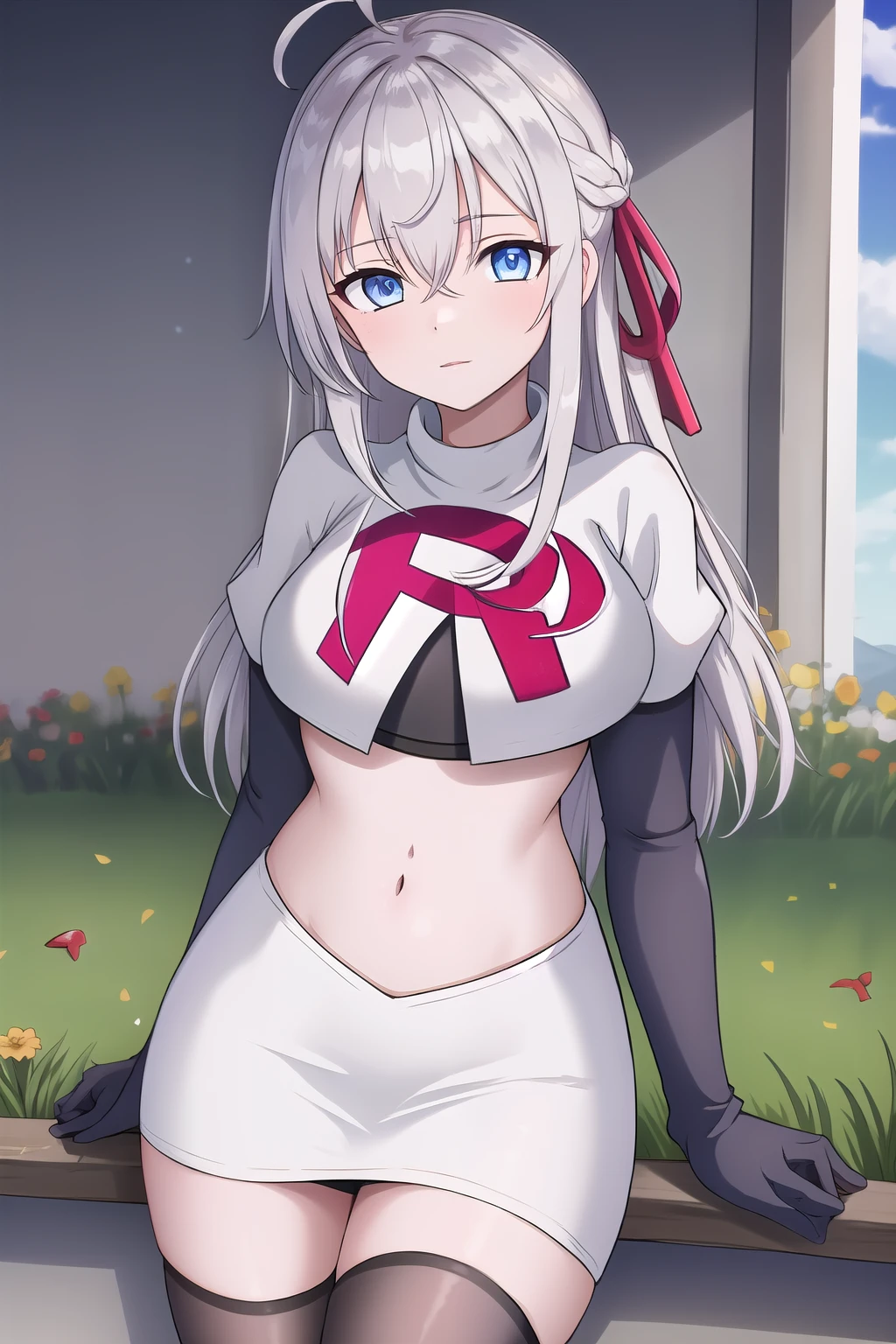 alisa,1girl,solo,long_hair,looking_at_viewer,bangs,blue_eyes,hair_between_eyes,hair_ribbon,ahoge,grey_hair,team rocket,team rocket uniform,white skirt,red letter R,crop top,black thigh-highs,black elbow gloves,flower_field