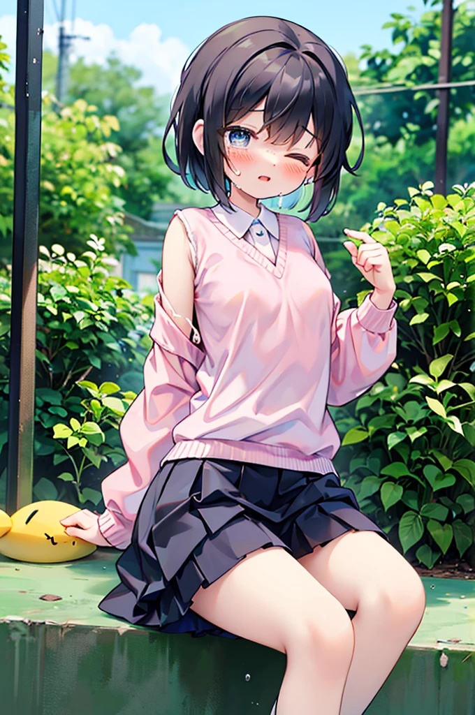 8 years old, small breasts, Constraints, Jumper skirt, Dripping pee, Crying with eyes closed, Translucent slip、Peeing、Get wet