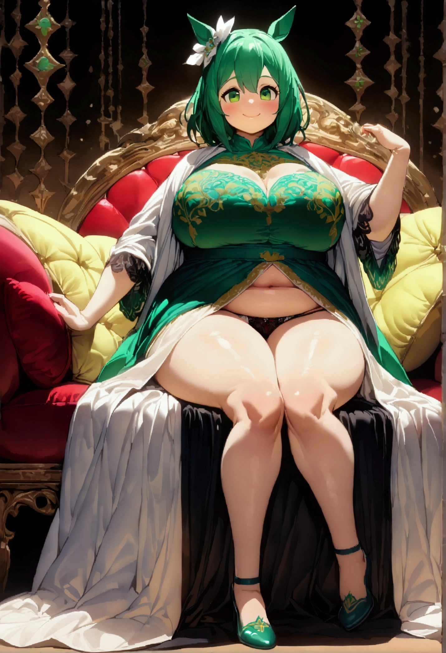 (((Horse Girl))), (((Fine Motion))), 1 person, Thighs, sitting on a luxurious red sofa, (((Legs wide open、So that the crotch is well visible))), smile, Dress like a young lady, (((Sexy panties with green embroidery))), High resolution, Her breasts are elegant and large., (((fat、Plump))), Panties that dig in
