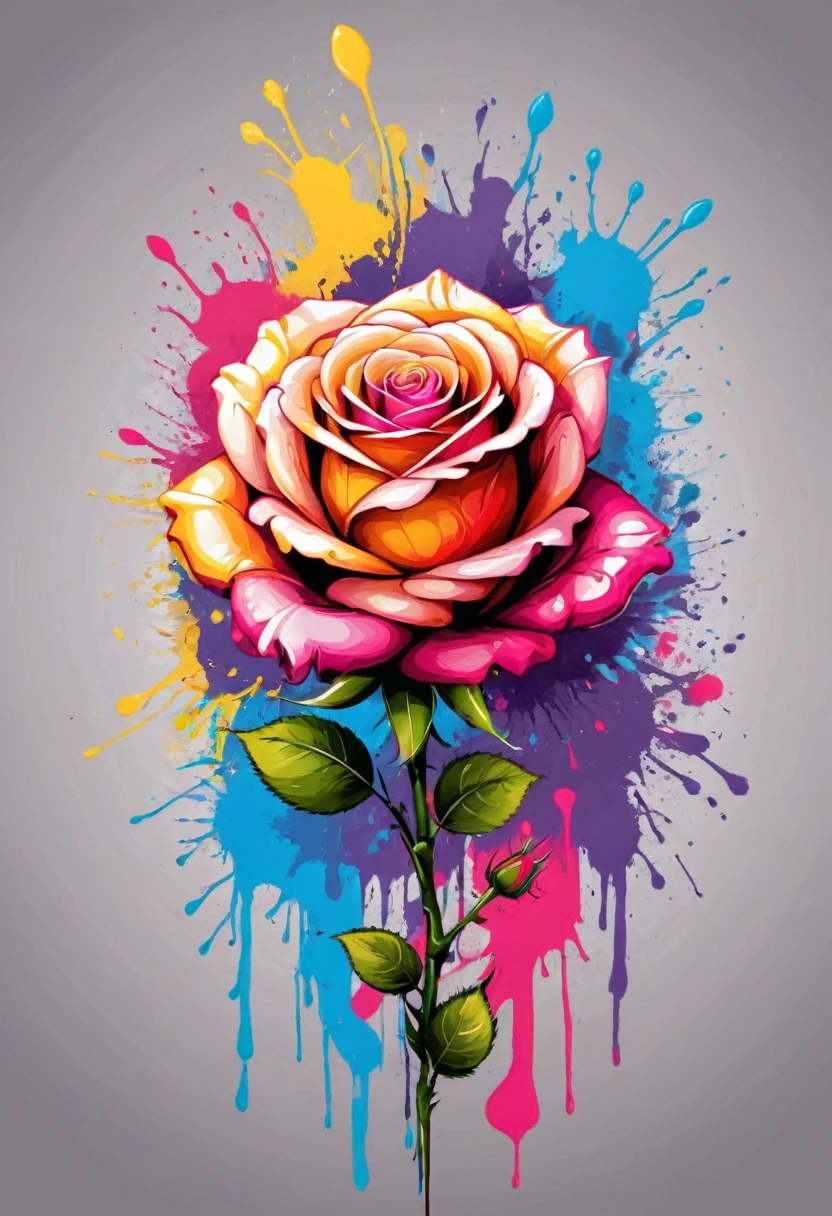 A t-shirt with vector art of a colorful rose illustration, At the center, swirly vibrant colors, paint splashes and smears, high détail, t-shirt designs
(work of art, best qualityer, proffesional, perfect composition, very aesthetic, absurdrez, super verbose, details Intricate:1.3)