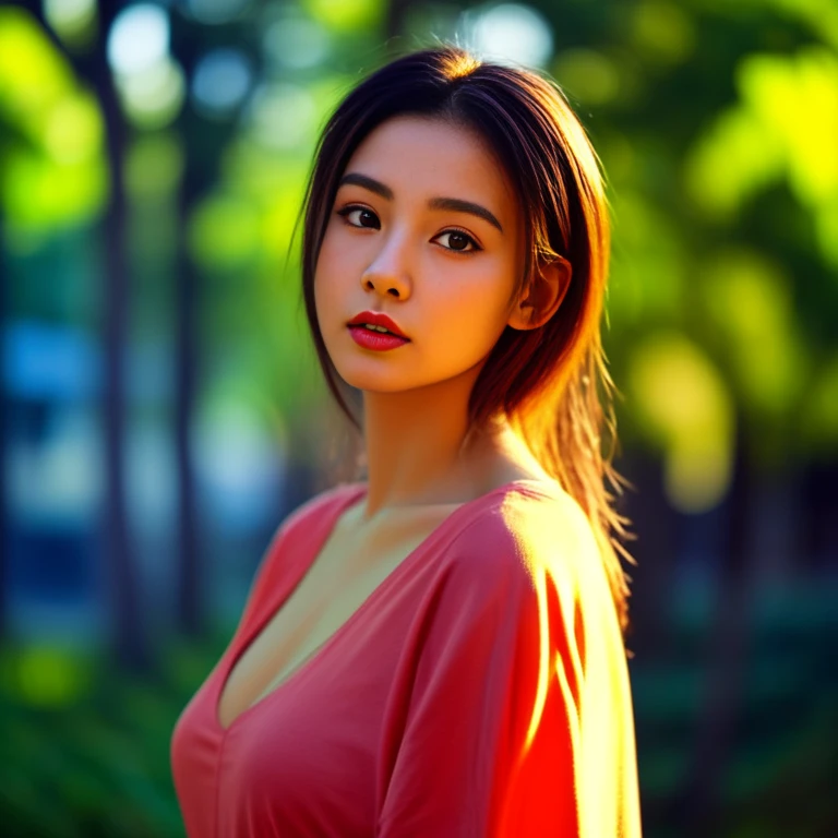 Close-up of a woman with long hair wearing a green shirt, Chinese girl, Gorgeous Chinese model, beautiful south korean women, Ruean Jia is very beautiful.!, Inspiration from Huang Ji, gongbi, Korean girl, Xindong Chen, Li Zixin,Big eyes,Double eyelids, black eyes, very large breasts, 38 inches, The chest is round and curved and shiny., abdominal muscles, perfect body, Wear a dark round neck t-shirt., Bright colors, expensive silk, outdoor, Warm light, The morning sun shines beautifully., (digital painting, HDR, high contrast), straight face, face focus), (Highest quality),(Masterpiece:1.3),(sharp focus:1.2),glowing face, (Red cheeks:1.4), ยืนเดินoutdoor, The evening sun shines beautifully and realistically.,