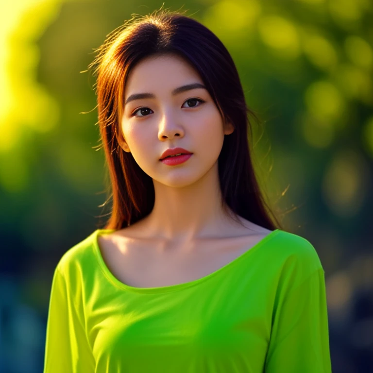 Close-up of a woman with long hair wearing a green shirt, Chinese girl, Gorgeous Chinese model, beautiful south korean women, Ruean Jia is very beautiful.!, Inspiration from Huang Ji, gongbi, Korean girl, Xindong Chen, Li Zixin,Big eyes,Double eyelids, black eyes, very large breasts, 38 inches, The chest is round and curved and shiny., abdominal muscles, perfect body, Wear a dark round neck t-shirt., Bright colors, expensive silk, outdoor, Warm light, The morning sun shines beautifully., (digital painting, HDR, high contrast), straight face, face focus), (Highest quality),(Masterpiece:1.3),(sharp focus:1.2),glowing face, (Red cheeks:1.4), ยืนเดินoutdoor, The evening sun shines beautifully and realistically.,