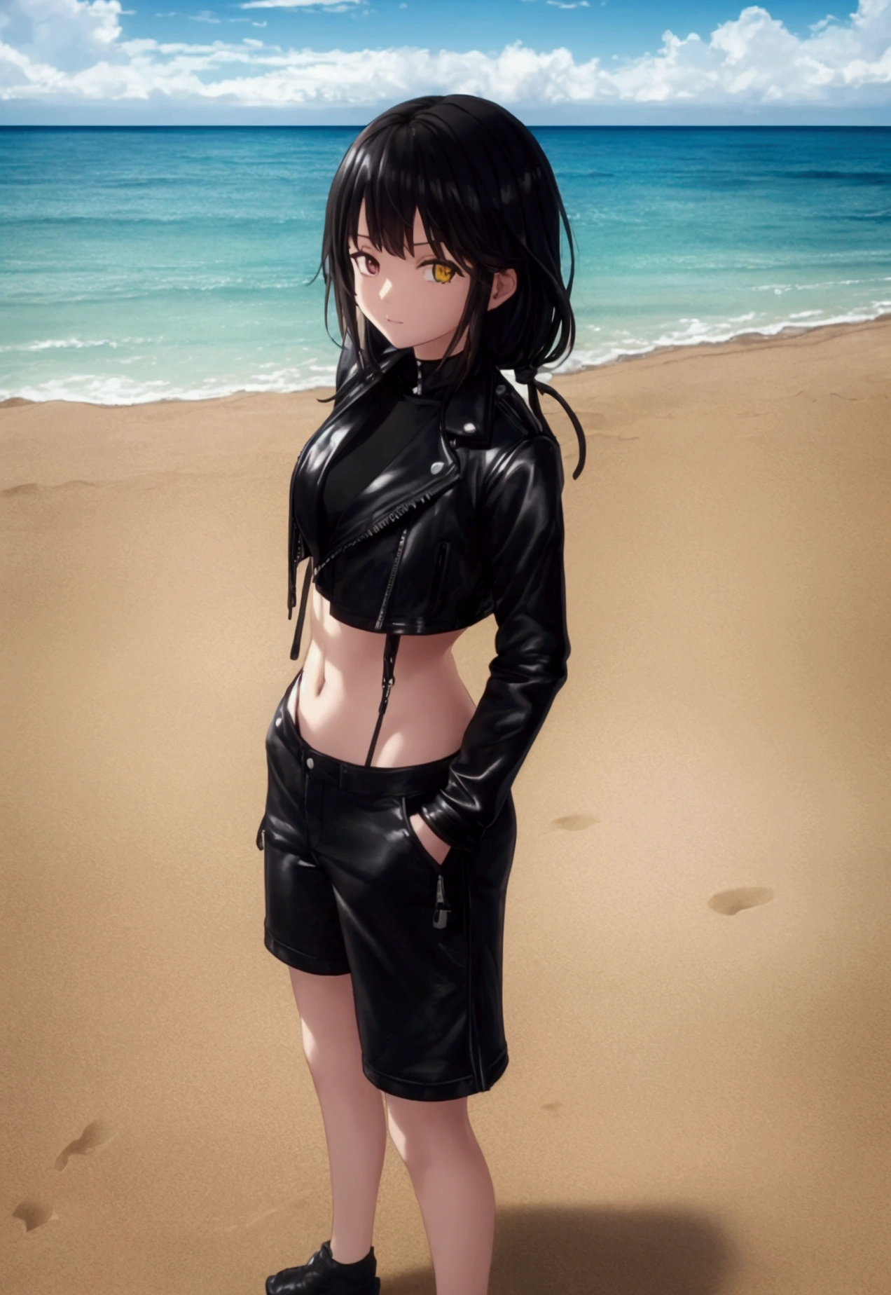 ultra-detailed, highly detailed,nbest quality, masterpiece, illustration, 
A young individual with long, black hair stands on a sandy beach with the ocean in the background. They are wearing a black leather jacket with yellow accents, a black crop top, and blue denim shorts. An umbrella and some stone structures are partially visible behind them. The weather appears sunny and clear.