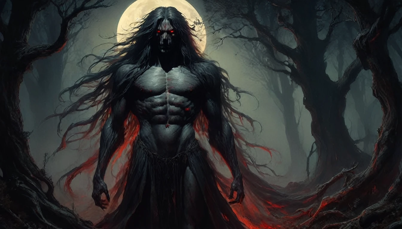 A towering, shadowy genderuwo ghost with fiery red eyes, long wild hair, and a tattered robe, stands in a misty, moonlit forest. The surrounding trees were bent and gnarled, and a dim, eerie light illuminated the scene, casting long, dark shadows.