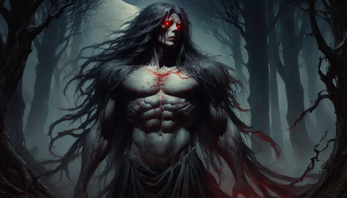 A towering, shadowy genderuwo ghost with fiery red eyes, long wild hair, and a tattered robe, stands in a misty, moonlit forest. The surrounding trees were bent and gnarled, and a dim, eerie light illuminated the scene, casting long, dark shadows.
