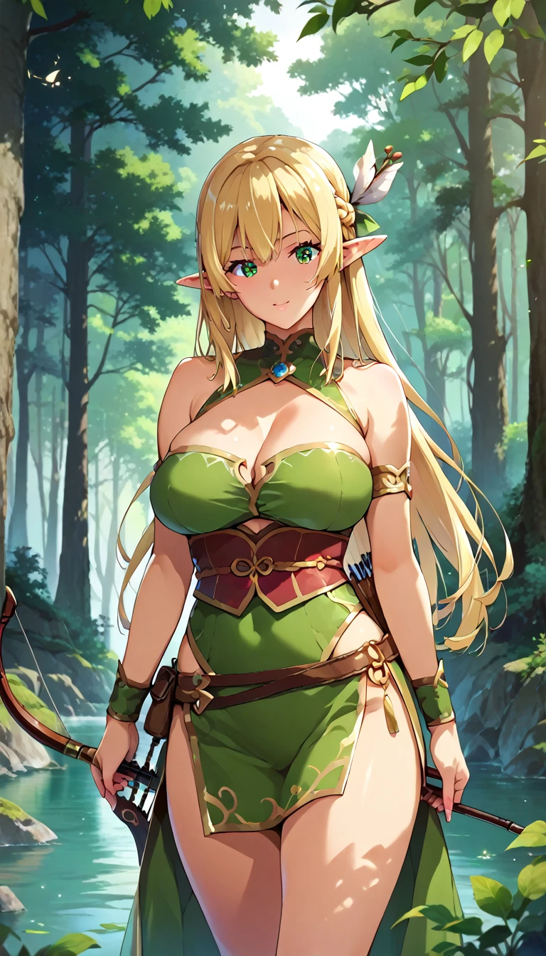 (masterpiece, best quality, ultra-detailed, high resolution, detailed eyes), takeda hiromitsu style, (1woman), elf woman, 40 years old, archery, long straight hair, blonde hair, green long clothes, curvy body, forest, cowboy shot