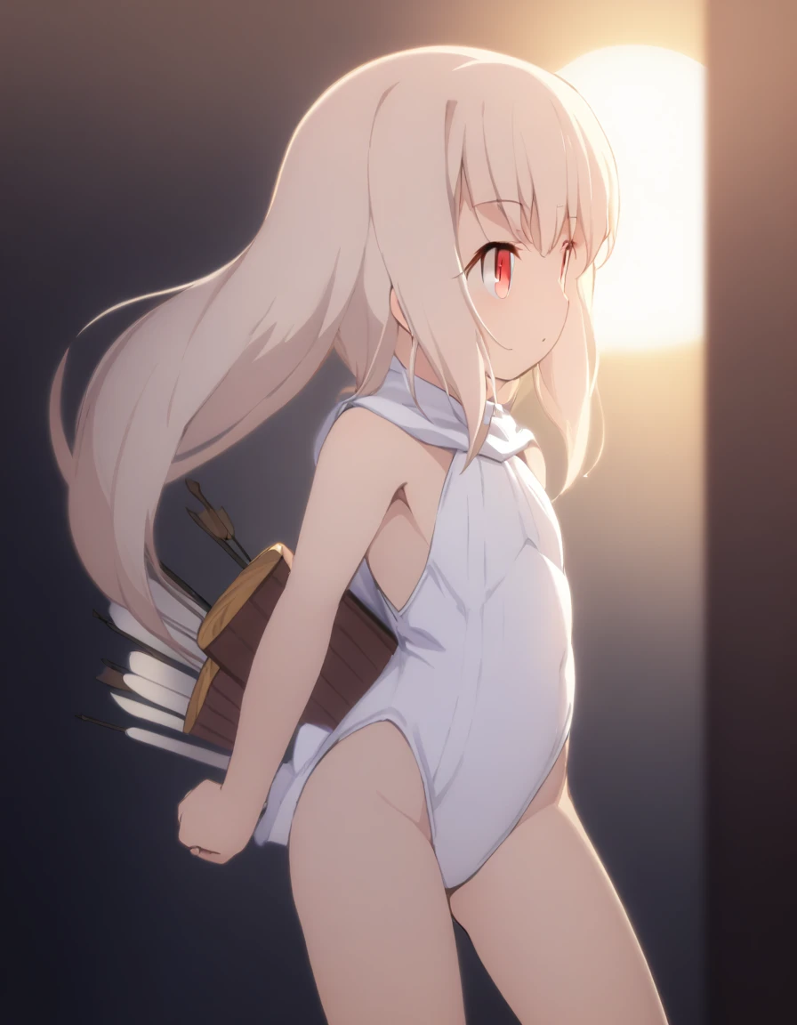 1 girl, shiny backlight, volumy long ponytail, silver hair, red eyes, middle breasts, her hair is fluttering down, white fantasic leotard outfit, white long loincloth,brown belts, long Quiver of Arrows behind back, open legs,open thighs, arched back, scerious,cowboy shot, masterpiece, best quality, general,standing,facing forward