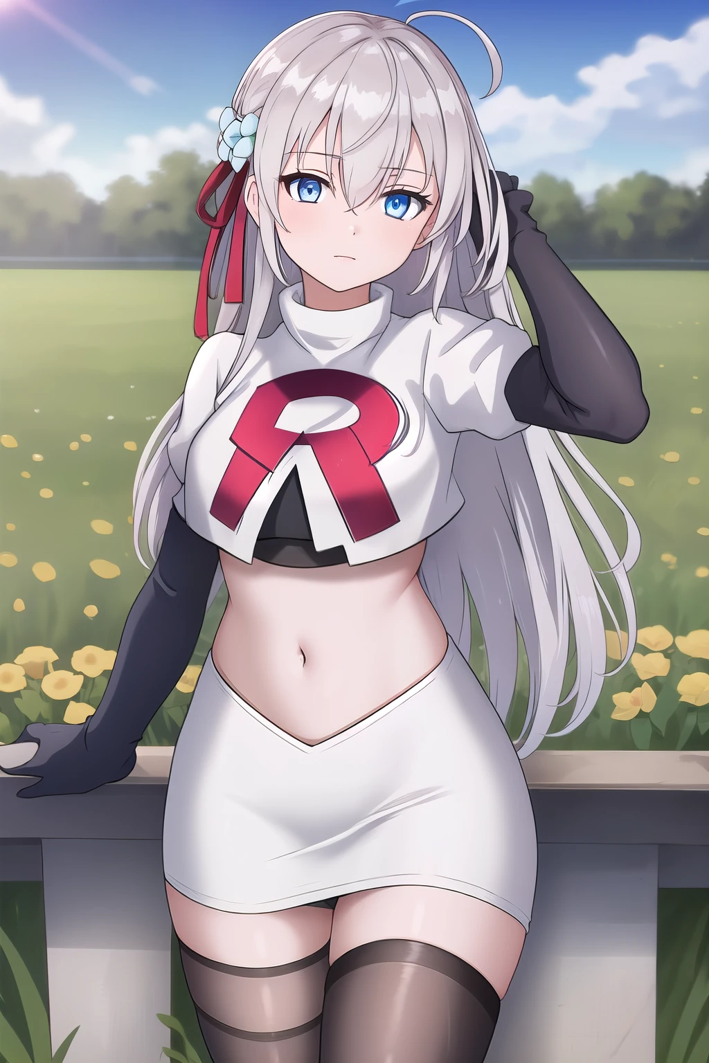 alisa,1girl,solo,long_hair,looking_at_viewer,bangs,blue_eyes,hair_between_eyes,hair_ribbon,ahoge,grey_hair,team rocket,team rocket uniform,white skirt,red letter R,crop top,black thigh-highs,black elbow gloves,flower_field