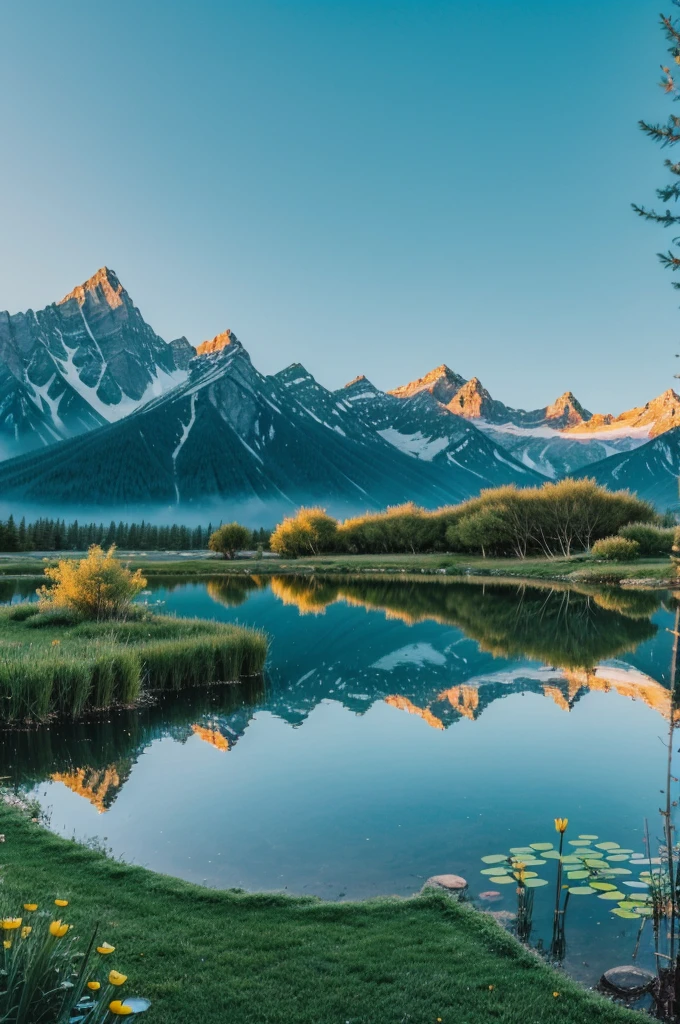 A dreamy place where there is a pond near a hut mountains