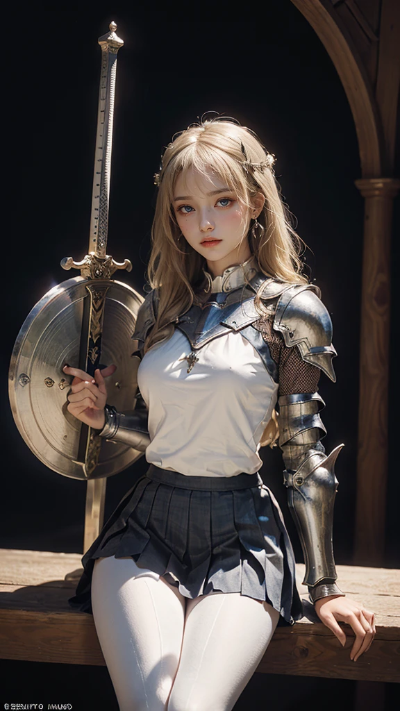 Bright expression、Pony Talk、young, Sparkling, White and glowing skin、Best Look、Blonde reflection、Platinum blonde hair with dazzling highlights、Shiny bright hair,、Super long silk straight hair、Shiny beautiful bangs、Sparkling, clear, attractive big blue eyes、so beautiful, Dashing, Cute 16 year old girl、Ample breasts,Beautiful attention to detail, Beautifully detailed nose,(( whole body:1.25)),Makeup emphasizes the eyes、((Pleated skirt:1.3)),(A woman like Joan of Arc:1.3)、(armor:1.3)、knighthood, (Equipped with sword and shield:1.2)，Royal Style，Comic book style, , Scattered beneath the surface, Stunning details, Natural background, Surreal, movie, Dramatic lighting, Tabletop、(ornamental armor)、(Wear an aura:1.5)、Circlet、((Princess Night))、Frilled,（Sitting down showing off her silver high leg pants、There is a mansuji）