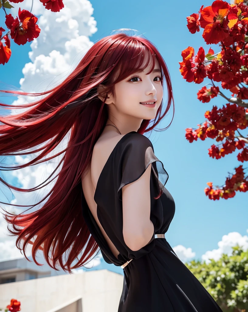 (Highest quality, 32k, High resolution, Masterpiece:1.5, ), marimo_jet, god々A photograph with brilliant dazzling and healing power., Evoking a sense of calm and elusive beauty, Expressing emotions, Have a rich imagination, Beautiful Japanese Girls, ((Looking back:1.3)), An exceptionally beautiful face, Small Face Beauty, Perfect Human Anatomy, Magical big eyes, Motherhood and generosity, Deep Love, fleeting smile, ((Shiny crimson hair:1.4)), Super long straight silk hair swaying in the wind, Asymmetrical bangs, Hair between the eyes, Transparent, soft white skin, Sharp eyebrows, Thin lashes, Natural Makeup, Cheek highlighter, Lips with fine detail, (Black dress:1.5), High resolutionの完璧な鎖骨, High resolutionの美しい胸元, Slim figure with ample breasts, High resolutionの美しい太もも, ((Beautifully detailed skies:1.2)), ((Vibrant petal effect:1.2)), Professional photographer, Professional Lighting, Professional models, god秘的