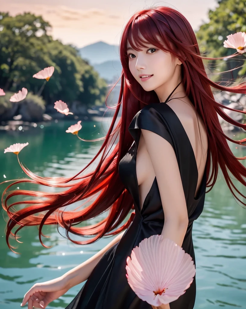 (Highest quality, 32k, High resolution, Masterpiece:1.5, ), marimo_jet, god々A photograph with brilliant dazzling and healing power., Evoking a sense of calm and elusive beauty, Expressing emotions, Have a rich imagination, Beautiful Japanese Girls, ((Looking back:1.3)), An exceptionally beautiful face, Small Face Beauty, Perfect Human Anatomy, Magical big eyes, Motherhood and generosity, Deep Love, fleeting smile, ((Shiny crimson hair:1.4)), Super long straight silk hair swaying in the wind, Asymmetrical bangs, Hair between the eyes, Transparent, soft white skin, Sharp eyebrows, Thin lashes, Natural Makeup, Cheek highlighter, Lips with fine detail, (Black dress:1.5), High resolutionの完璧な鎖骨, High resolutionの美しい胸元, Slim figure with ample breasts, High resolutionの美しい太もも, ((Beautifully detailed skies:1.2)), ((Vibrant petal effect:1.2)), Professional photographer, Professional Lighting, Professional models, god秘的