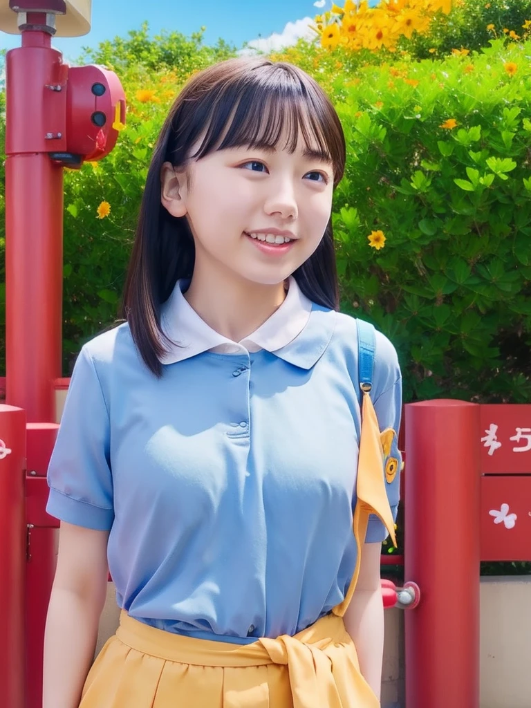 (8k),(masterpiece),(Japanese),(8--old l),((Innocent look)),((Childish)),from the front,smile,cute,Innocent,Kind eyes,Plain T-shirt,Short sleeve,Blue checked short skirt,(Carrying a red backpack),Straight Hair,Hair blowing in the wind,Black Hair,Somewhat strong wind,noon,bright