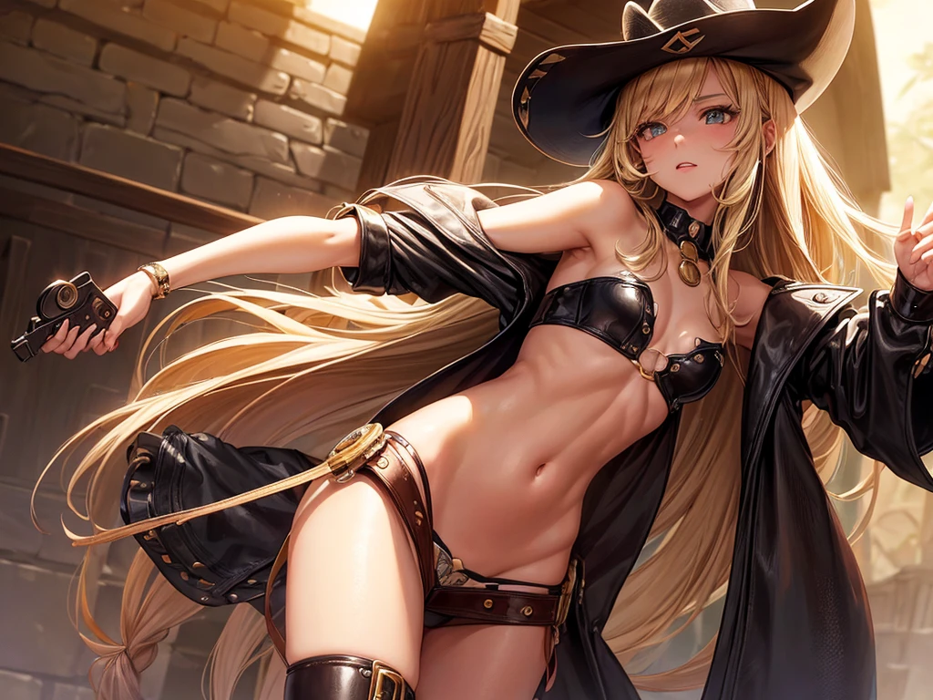 (((depcit very young girl))), (((elegant cowgirl))), sexy, blond hair, long hair, straight hair, cowby hat, (wearing leather cowboy clothes), ( leather revolvers belt), (revolver), open legs, spread legs, brown eyes, thin , ((small breasts)), (nice hips), open shoulders, (sassy), (Masterpiece, Excellent, complex details), delicate girl, delicate face, back arched, pretty, sunny desert, a western atmosphere