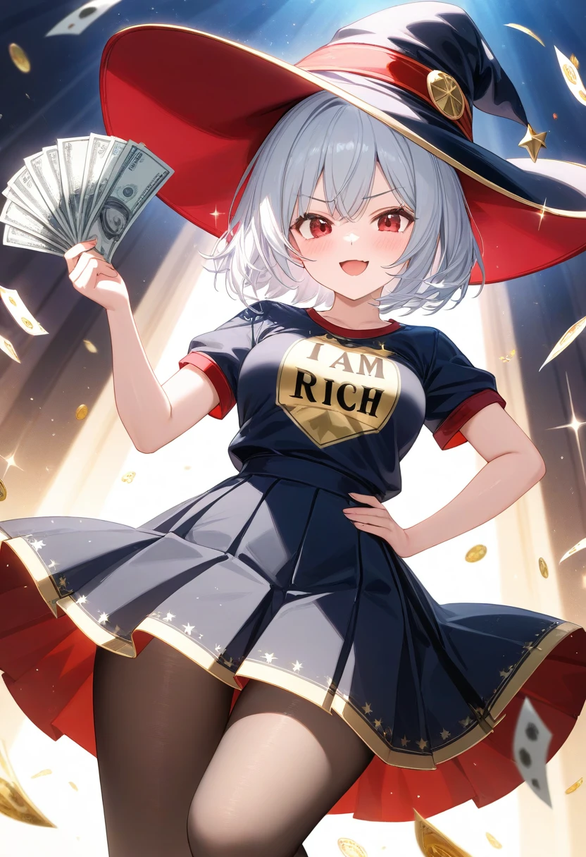 1girl, solo, cute, white short hair, red eyes, wizard hat, close-up, dynamic angle, smug face, :3, (drooling:0.6), ("I AM RICH":1.2) printed shirt, pleated long skirt, pantyhose, holding bills, hand on own hip, floating, scattered bills, gambling, crowd, light particles, sparkles, depth of field, masterpiece, best quality, masterpiece, best quality