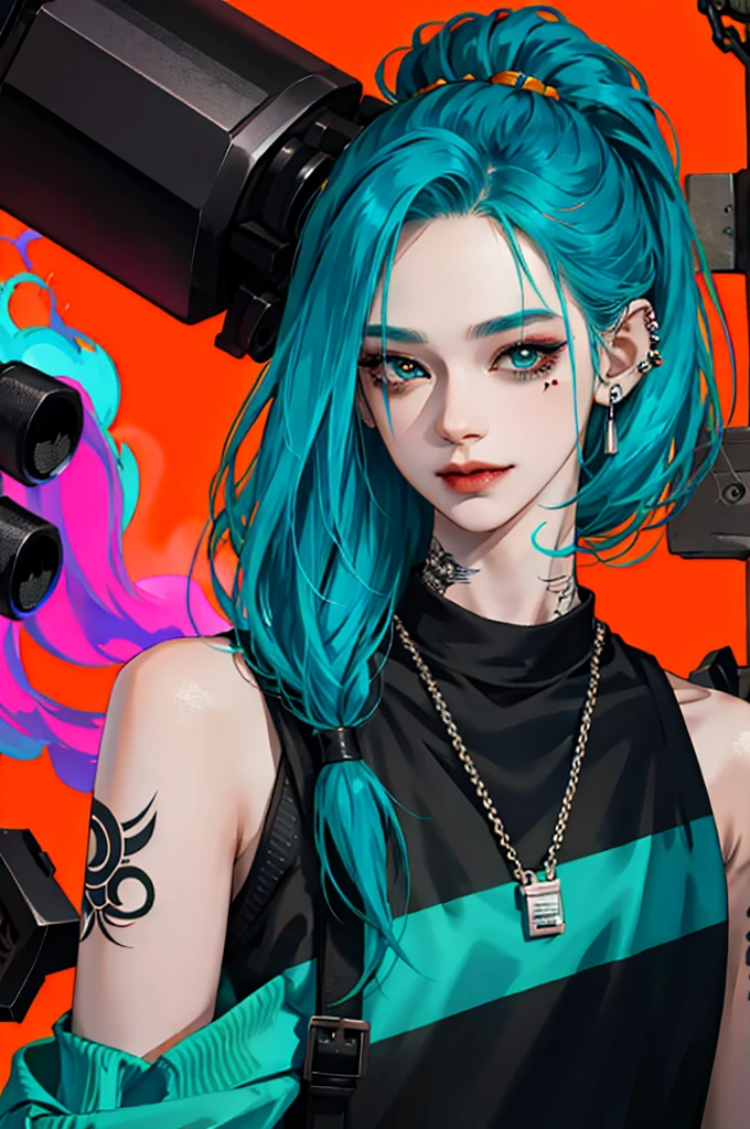 kpop girl with rizz smile face, bad ass, black,neon cyan orange hair, tattoos on hands and neck, piercing, black mixed green striped sweater, cool badass pose, smoke background, colorful smoke background