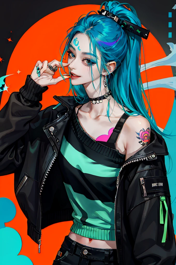 kpop girl with rizz smile face, bad ass, black,neon cyan orange hair, tattoos on hands and neck, piercing, black mixed green striped sweater, cool badass pose, smoke background, colorful smoke background